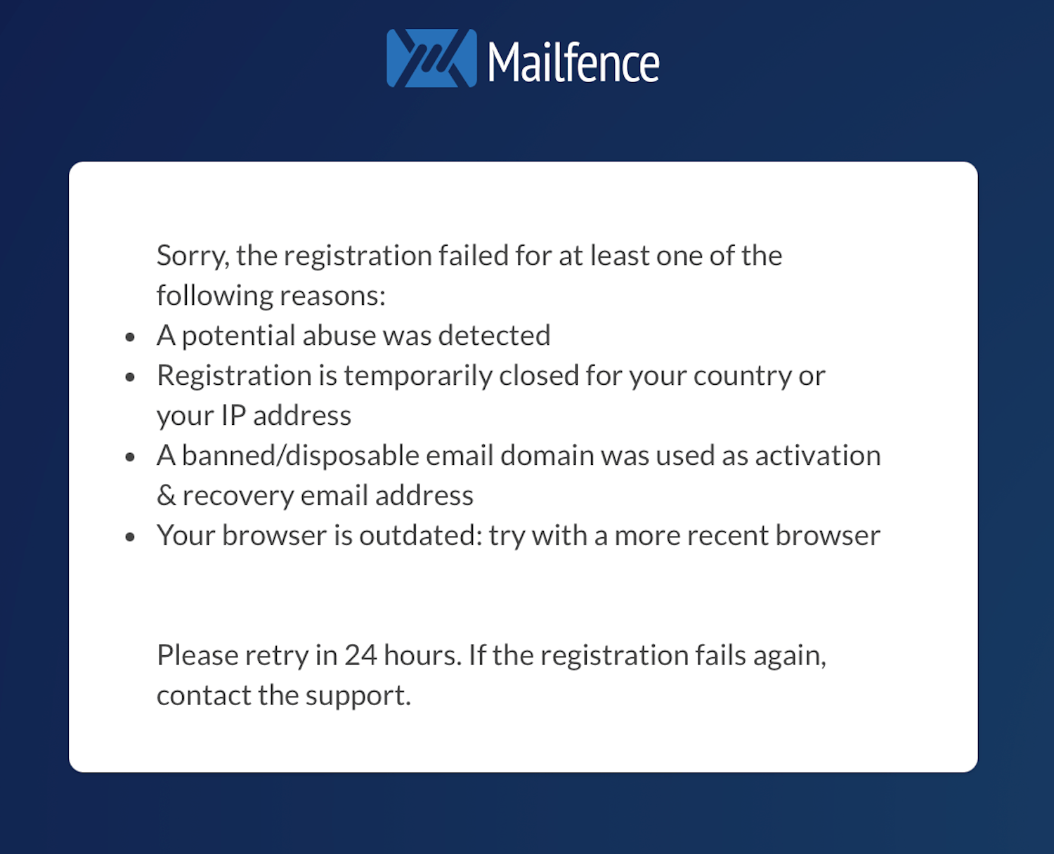 Errore di registrazione Mailfence