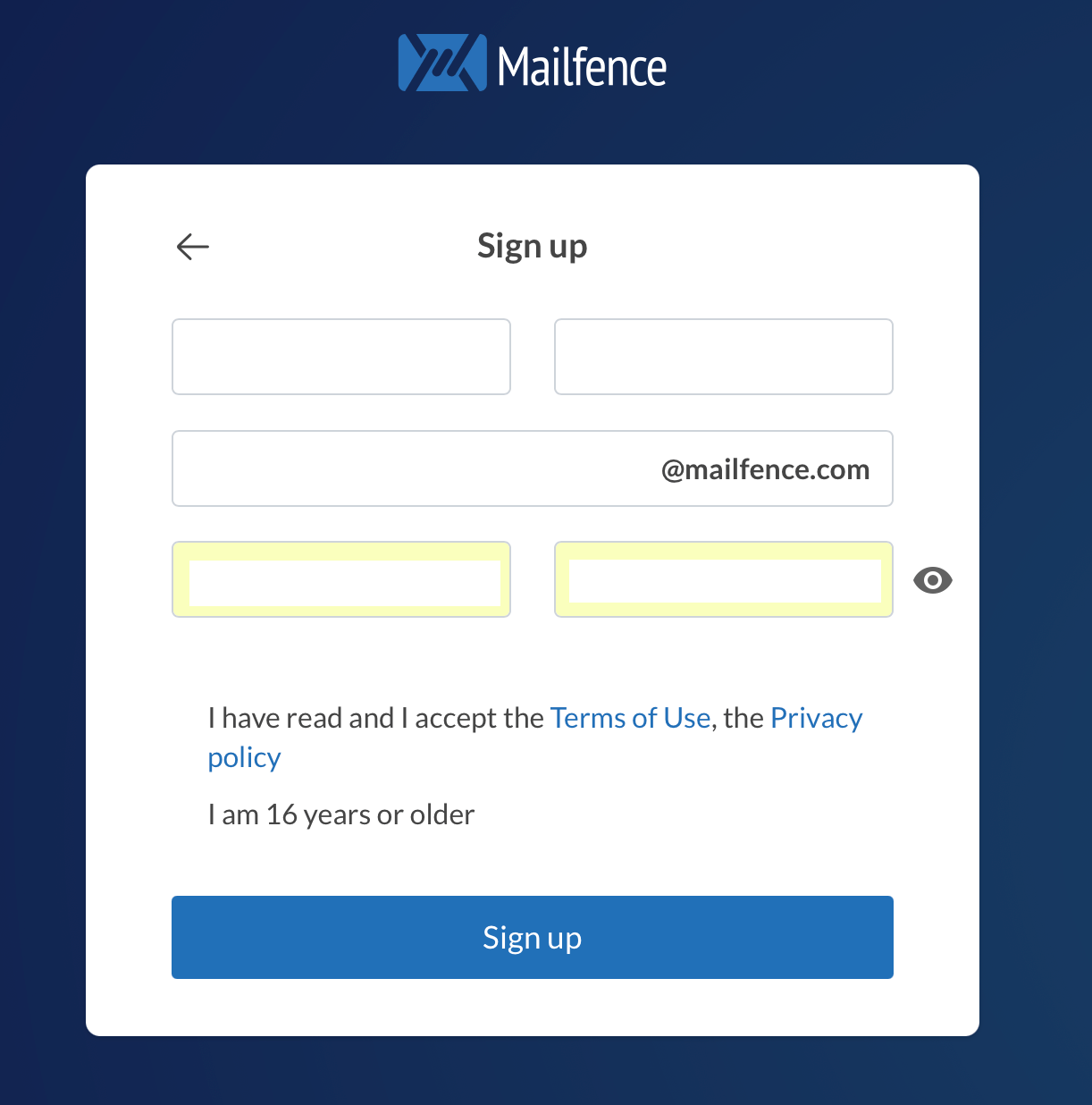 Modulo di registrazione Mailfence