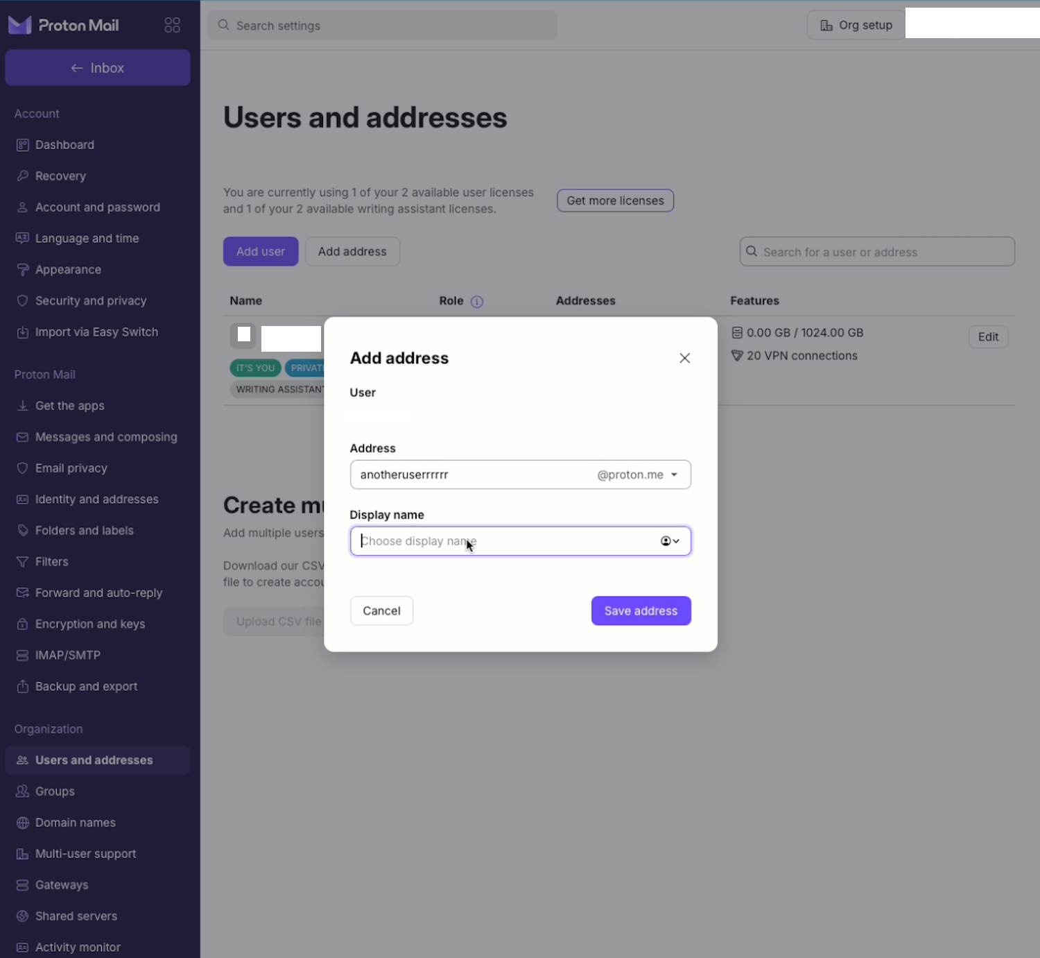 Aggiungere un utente o indirizzo email in Proton Business